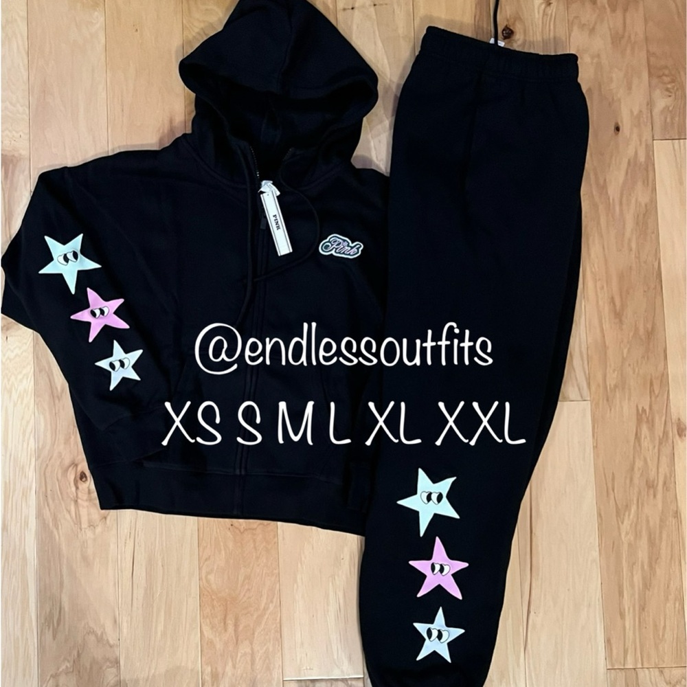 VS PINK BLACK ASPEN STARS SWEATPANTS & FULL ZIP HOODIE
